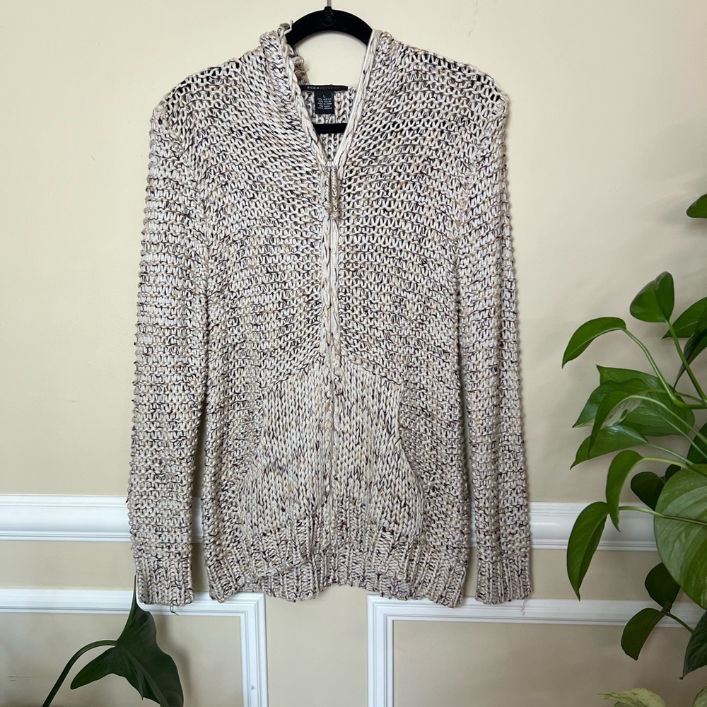BCBGMaxazria Open Weave Hooded Cardigan with Pockets, Full Zip Size L
